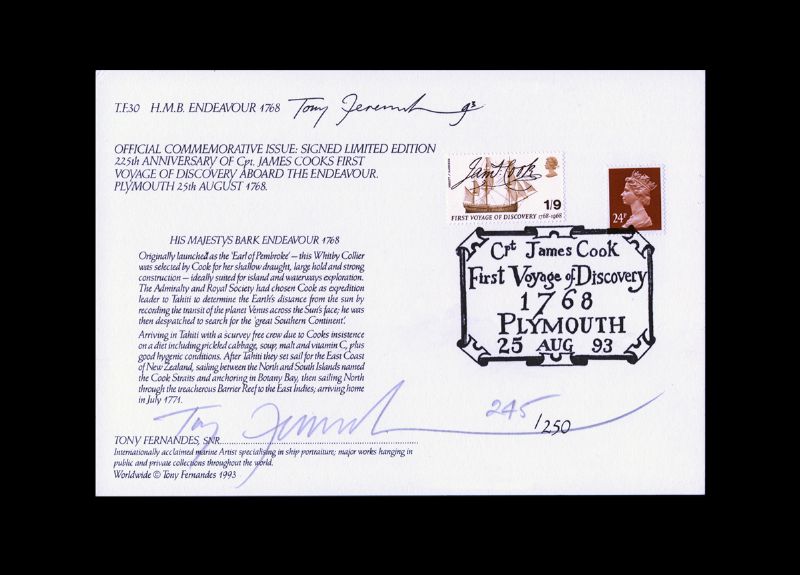 First Day Cover HM Bark Endeavour 1768 by Tony Fernandes